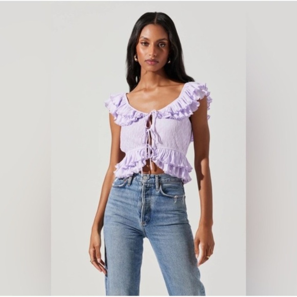 ASTR The Label Lavender Plisse Ruffle‎ Tie Front Crop Top Purple Womens Medium